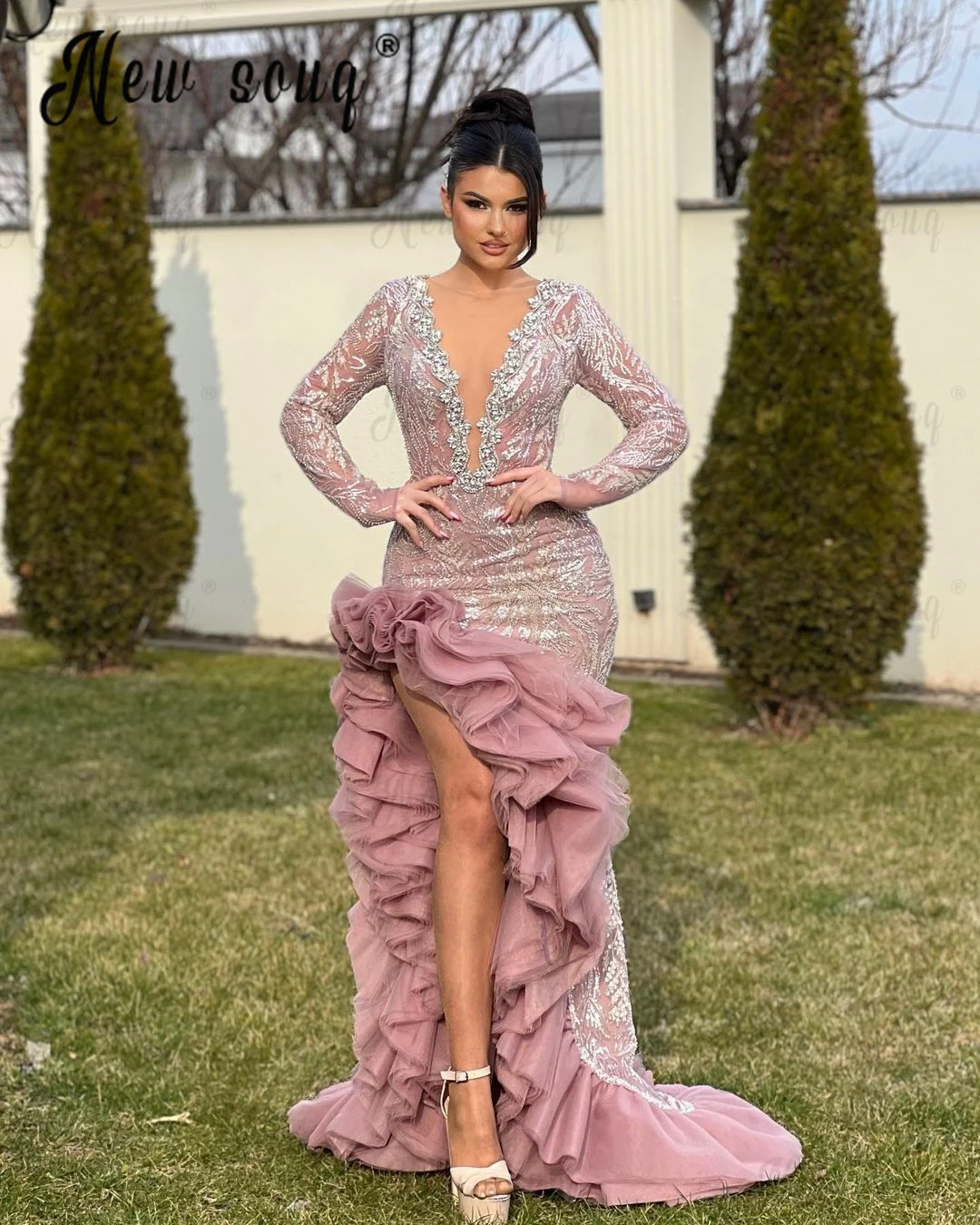 

Deep V Neck Blush Pink Ruffles Evening Dress High Slit Wedding Party Dress Beaded Long Celebrity Gowns Dubai Robe Soirée Female