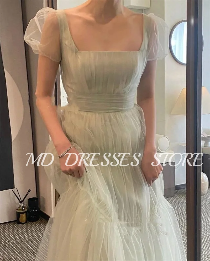 MD A-line Fairy Mint Green Wedding Dresses Puff Short Sleeves Bride Gowns Korea Tiered Photoshoot Square Neck Customized 2025 4