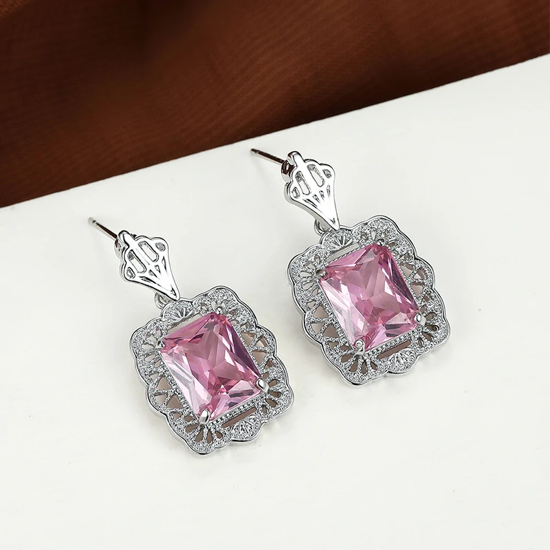 

Luxury Vintage Silver Square Zircon Pink Dangle Earrings for Women Sweet Princess Cut Female Wedding Banquet Earrings Jewelry