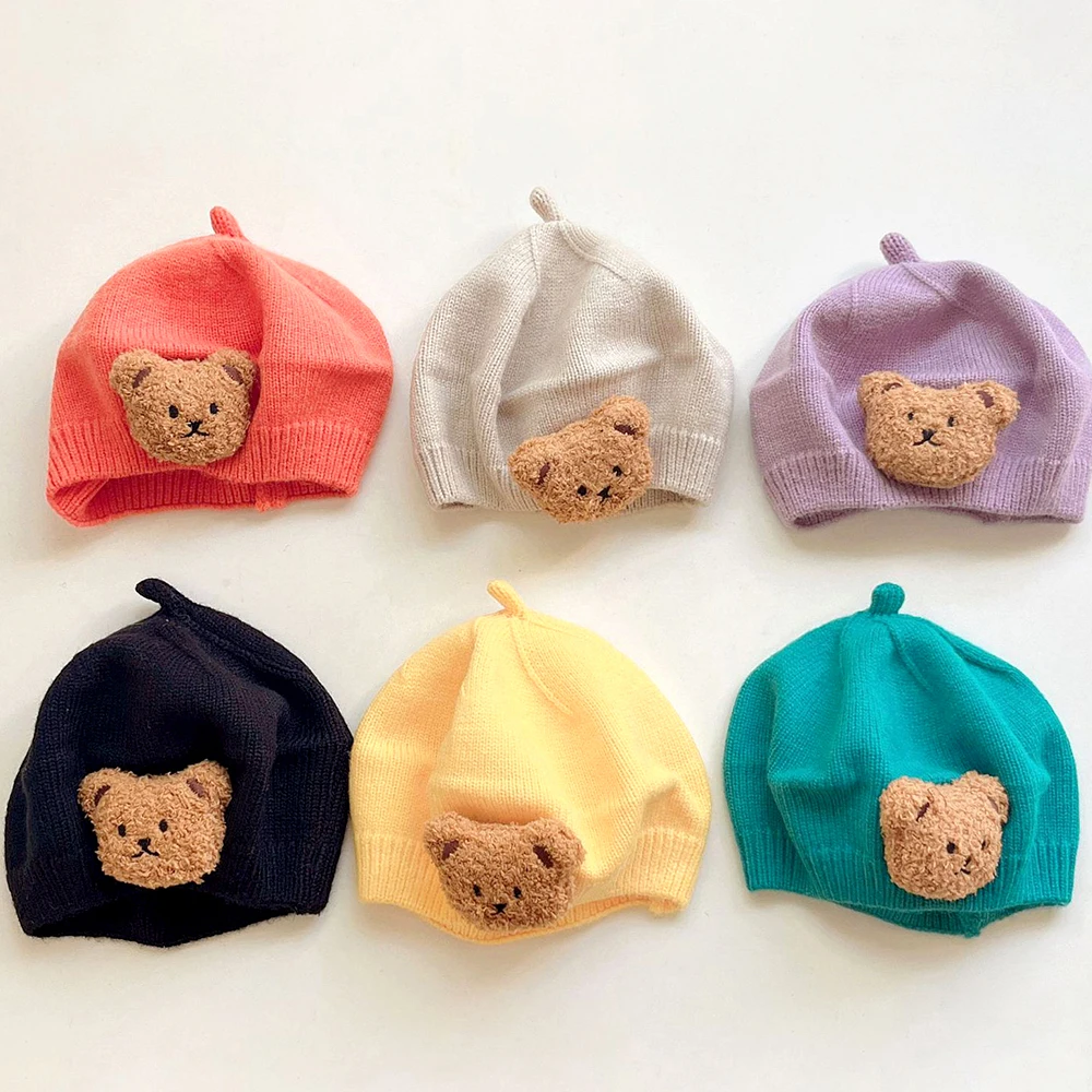 Cartoon Bear Knit Candy Colors Painter Hat for Baby Girls Hair Accessories Children Knitted Beret Cap Newborn Cute Headwear 0-4T 2