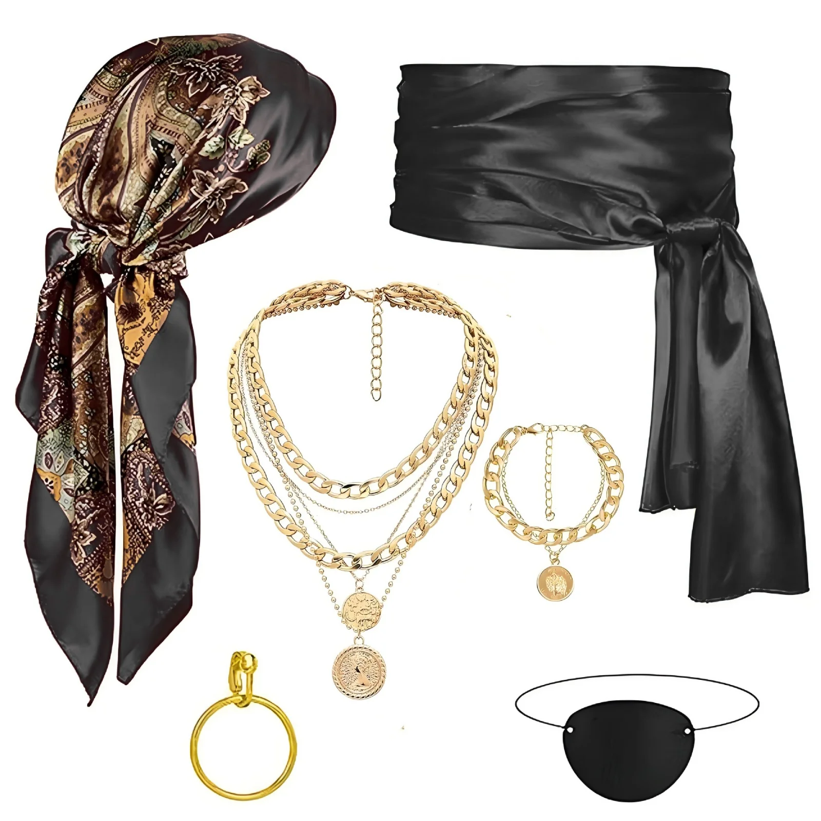 6pcs Halloween Pirate Cosplay Accessory Set - Headscarf, Waist Belt, Necklace, Eye Mask. Red/Black, Ideal for Halloween Parties