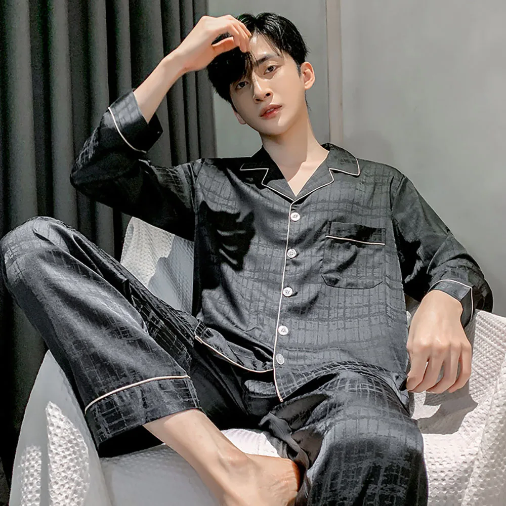 L-3XL Silk-Like Smooth Soft Sleeping Sleepwear Spring Autumn Breathable Loose Men Pajama Sets Fashion Letter Print Pijama Hombre