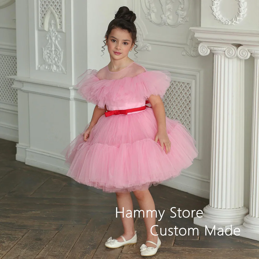

Бледно-розовое платье с цветочным принтом для девочек, Прозрачное платье с круглым вырезом и короткими рукавами с буфами для первого причастия, милое детское платье на день рождения и вечеринку для конкурса