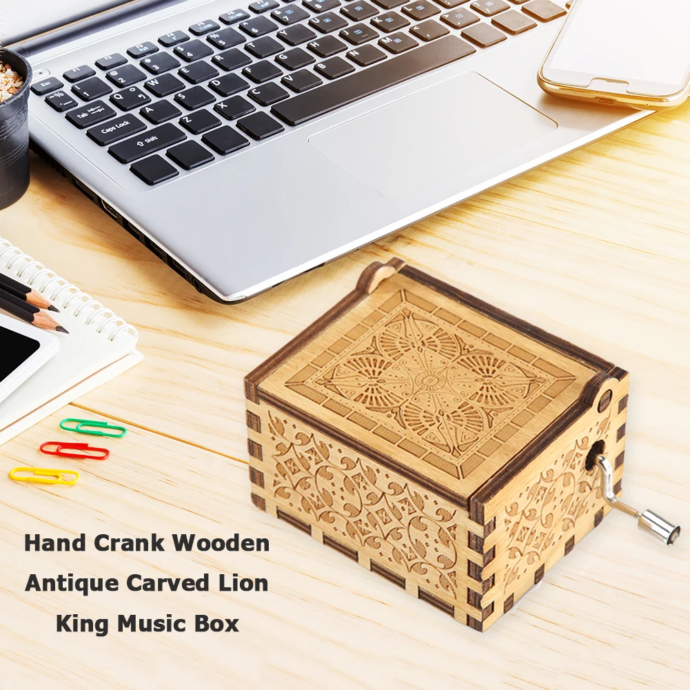 Hand Cranked Music Box Antique Carved Lion King Music Box Hand Cranked Wooden Musical Christmas Birthday Gift Home Decoration