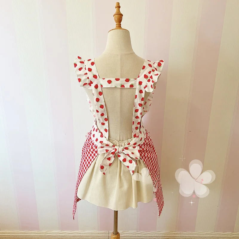 Adorable Stberries Printed Pure Cotton Apron Kitchen Home Use f Waterproof Korean Sle Faionable Coverall Waist Apron