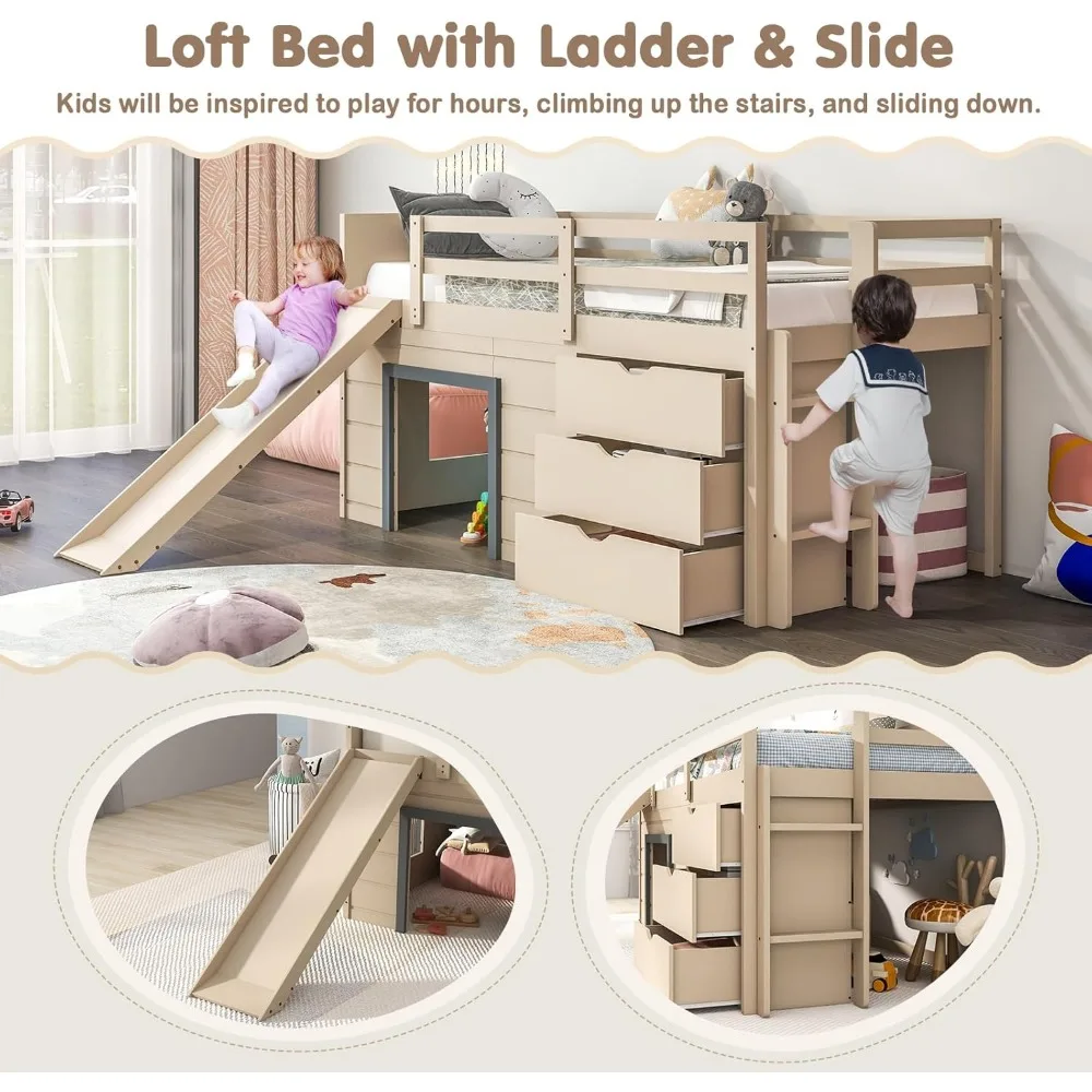 Wood Loft Bed with Slide, Ladder,  Loft Bed for Girls & Boys, Children Beds 6