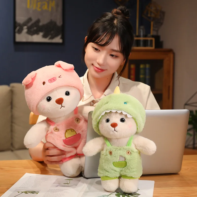 

27/38/55CM Kawaii Bear in Clothes Plush Toy Lovely Bear Turn to Dinosaur Rabbit Pig Chicken Pillow for Children Girlfriend Gifts