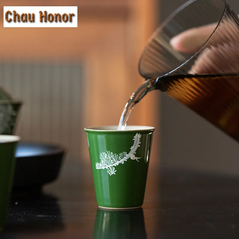 2pc/set Hand Painted Matsukaze Art Ceramic Tea Cup Japanese Emerald Glaze Small Boutique Single Master Cup Kung Fu Teaware 45ml