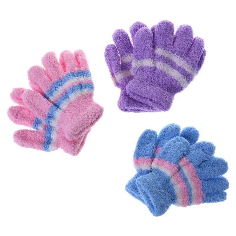 67JC Lovely Plush Stripe Mitten Coral Fleece Cartoon Toddler Gloves for Cold Weather Winter Full Finger Gloves Party Dress Up plush stripe gloves cartoon coral fleece gloves christmas full finger mittens