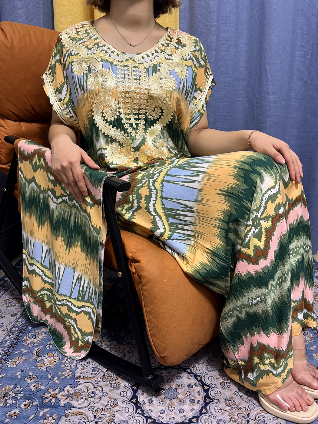 Abayas For Women 2023 Dubai New Musilm Floral Print Cotton Appliques Loose Femme Robe African Nigeria Kanga Clothing With Turban