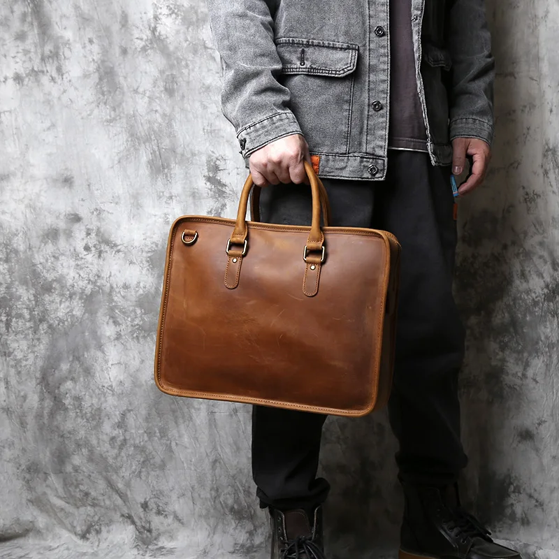 NZPJ Vintage Genuine Leather Men's Briefcase Natural Cowhide Handbag Crossbody Leisure Commuting Computer Bag for Men