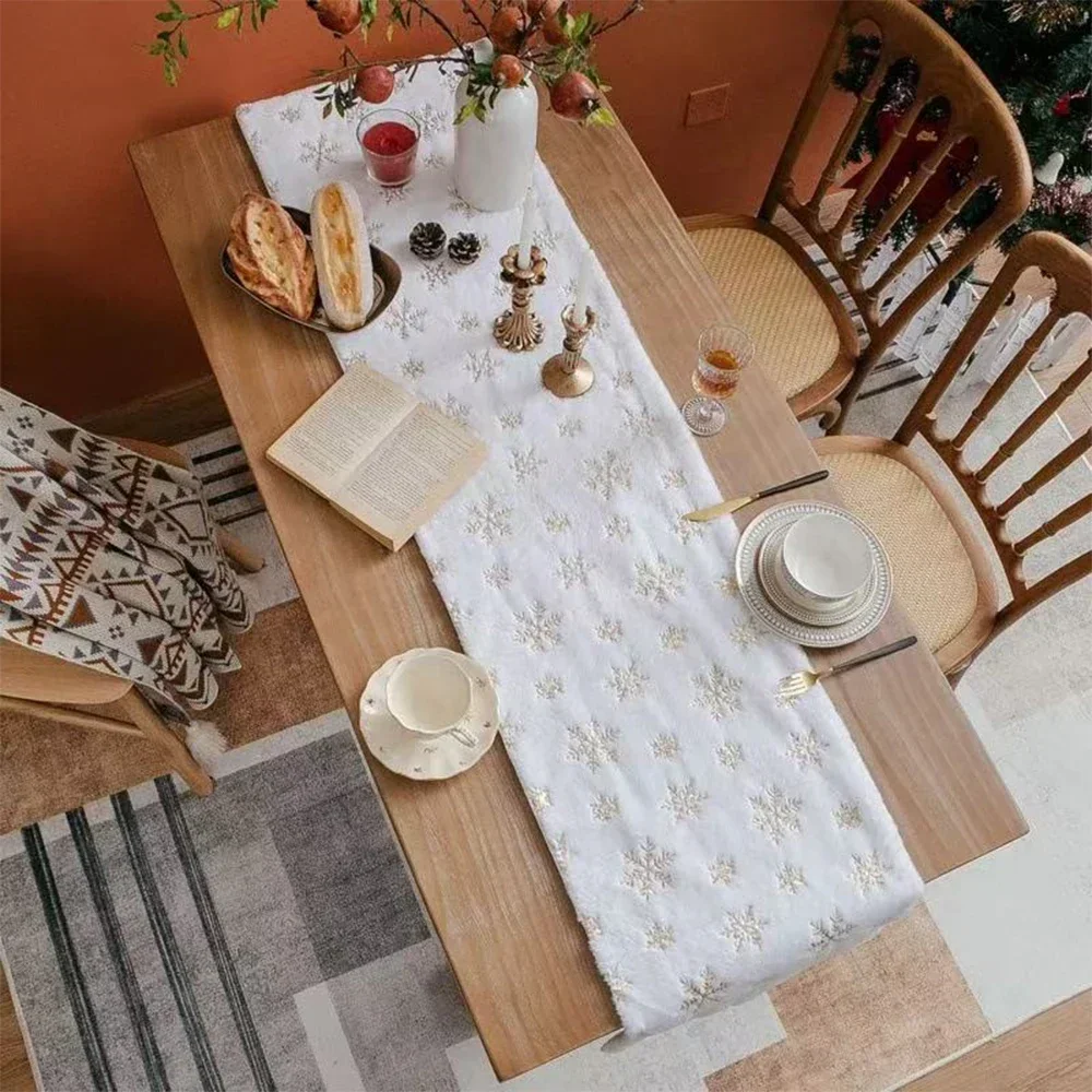 White Christmas Plush Table Runner with Snowflake Christmas Plush Table Runner