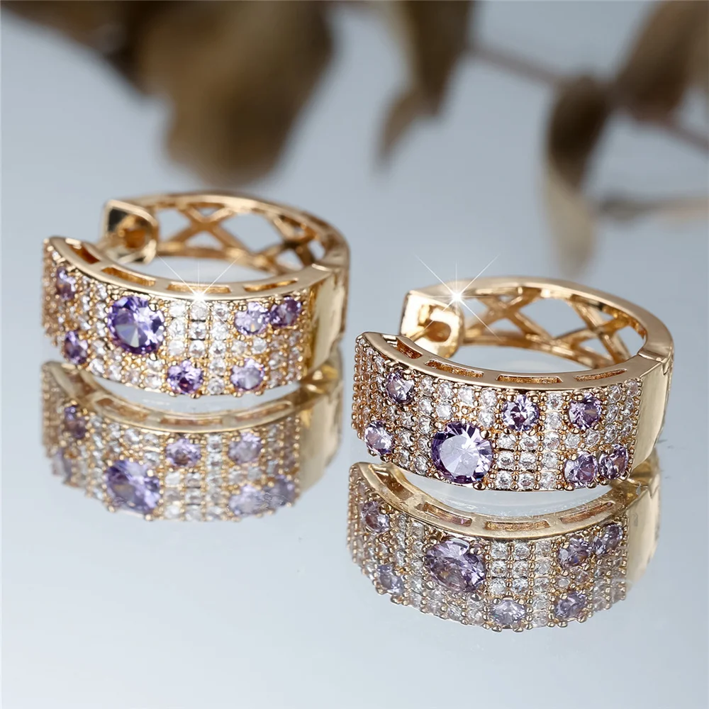 Cute Female White Purple Zircon Round Hoop Earrings Vintage Gold Color Simple Wedding Jewelry For Women