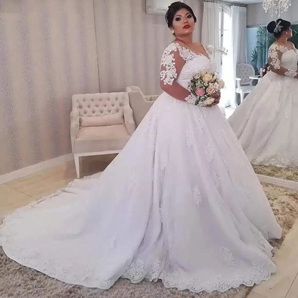 Lorencia Romantic Plus Size Wedding Dresses Long Sleeves Lace Appliques Beading Bridal Gowns For Women Robe De Mariee YAW13 2