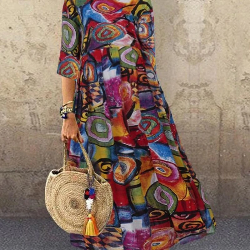 Fashion New Spring Summer Bohemian Style Women's Short Sleeve Loose Dress Fashion Vintage Street Ladies Casual O Neck Long Skirt