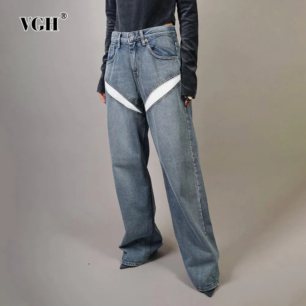 

VGH Solid Patchwork Pocket Denim Jeans For Women High Waist Spliced Button Minimalist Loose Full Length Trousers Female Fashion