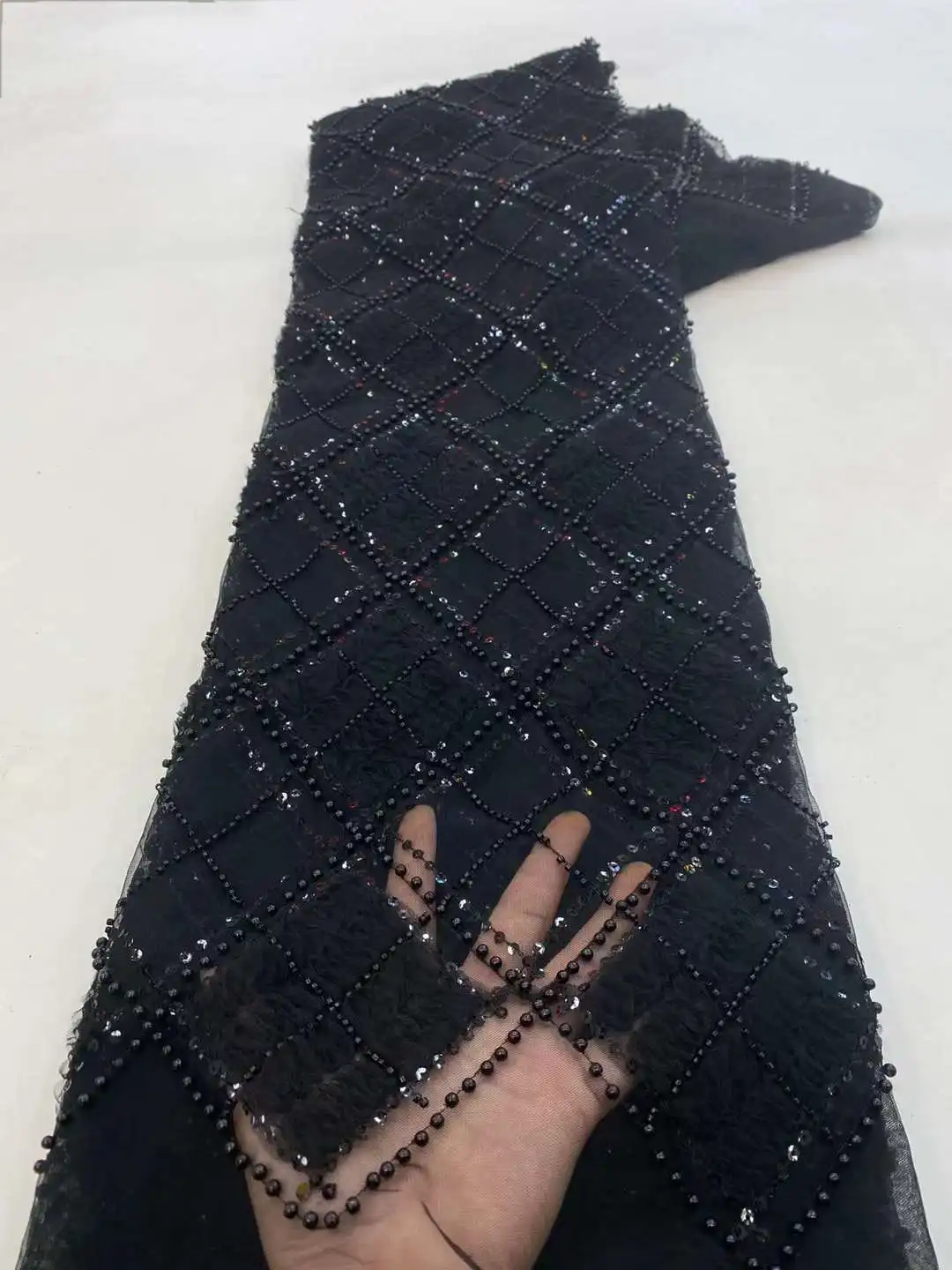 

Classic Beaded Embroidery Fashion French Tulle Lace Fabric With Sequins African Nigerian Lace Fabric For Wedding Dress