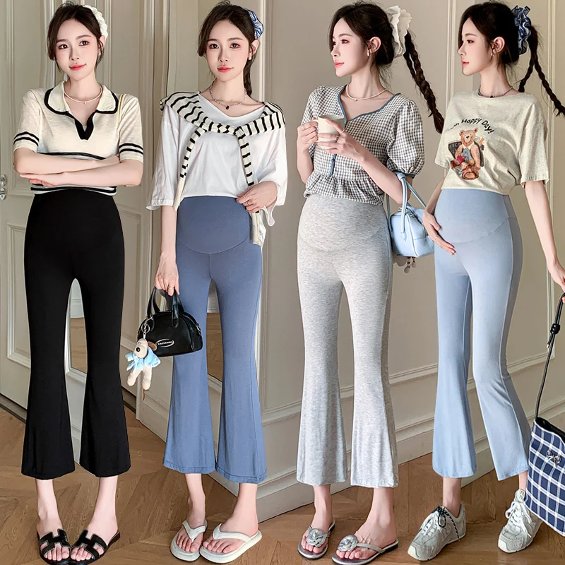 OOTD 24SS Spring Summer Fashion Thin Modal Maternity Legging Belly Support Flare Boot Cut Cropped Pants for Pregnancy Women Y2K