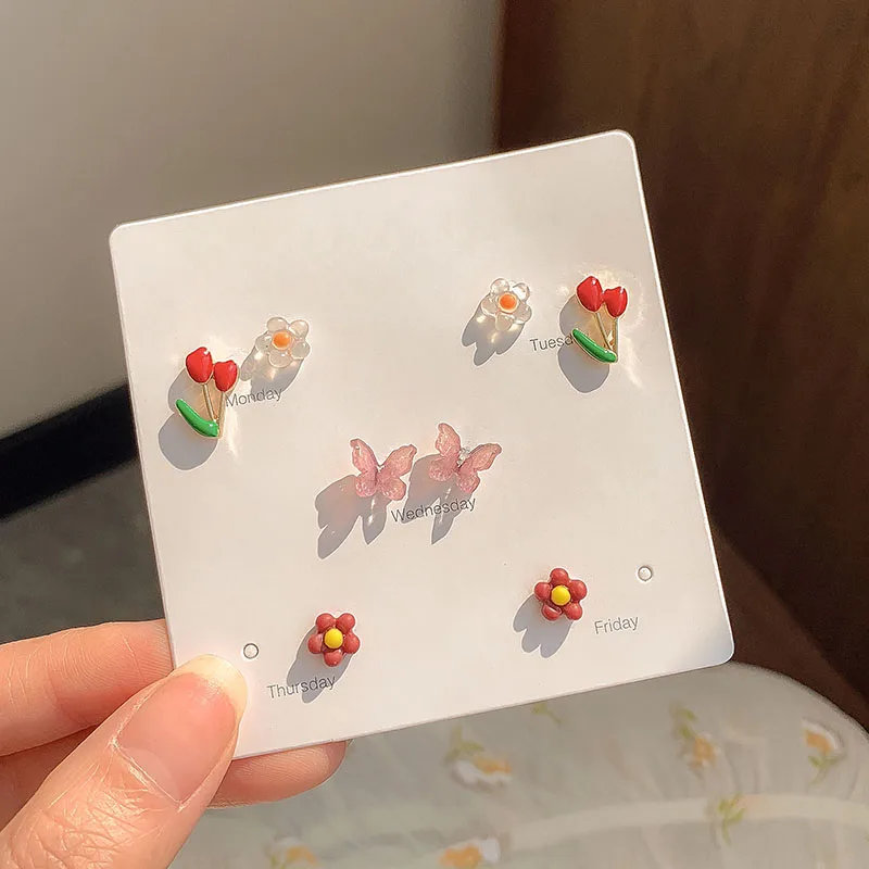 Pink Ceramic Ears Stud Earrings Set Korean Style Heart Flower for Women Colorful Earring for Girls Cute Elegant Party Jewelry