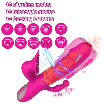 3 IN 1 Telescopic Dildo Thrust Vibrator For Women Anal Rabbit Vibrators Female Sucking Clitoris Stimulate G Spot Sex Toys Couple 2