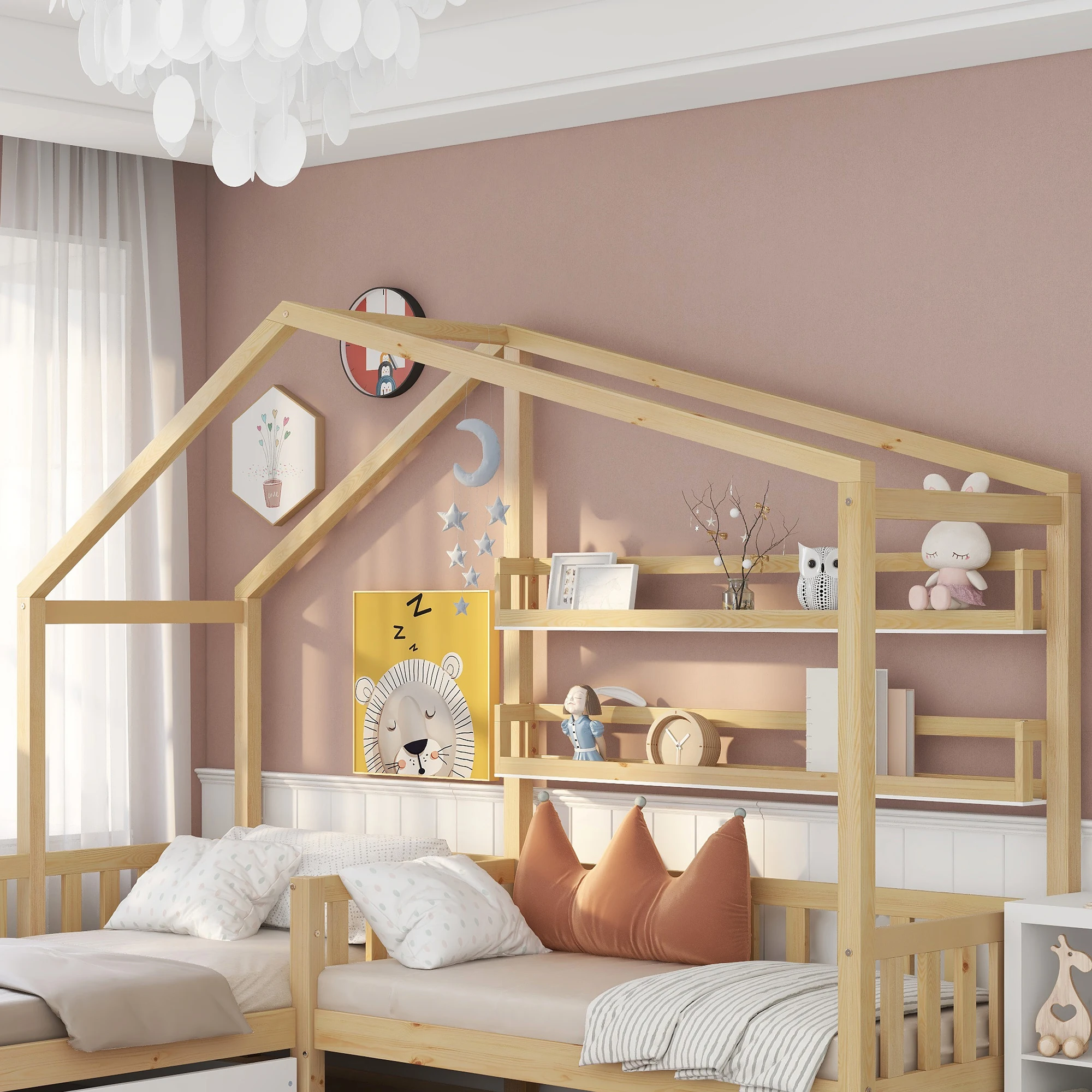 Kinderhausbett mit Schubladen und Regalen, Massivholz mit Zaun und Lattenrost, L-Form, naturfarben (90x200 cm+140x70cm) – Detail 7
