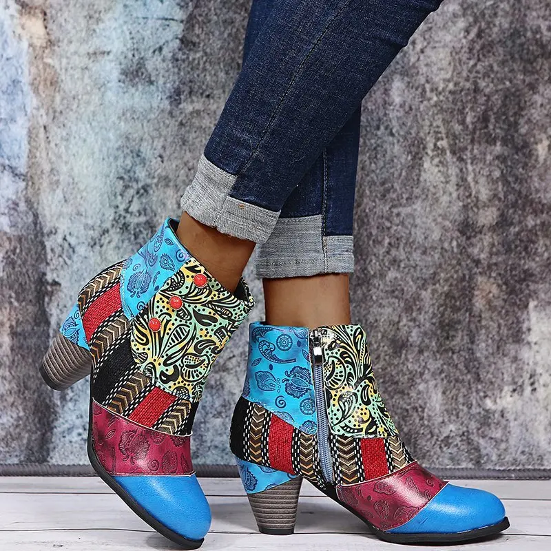 Women's Boots Large Size Increase Fashion Ethnic Style Casual Fashion Retro Stitching High-heeled Short Leather Boots All-match