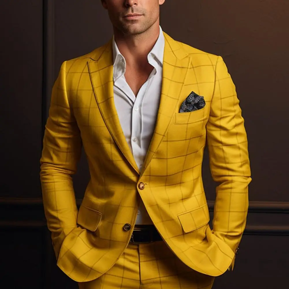 Men Suits Jackets Men Suit Coat Formal Business Style Slim Fit Plaid Print Long Sleeve Single Button Closure Mid Length Straight Cardigan Work Coat