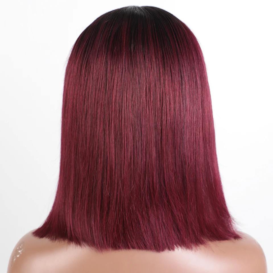 Short Bob Human Hair Wigs For Women 99j Red Ombre Colored Lace Front Wigs With Bangs 13X6X1 Straight HD Lace Brazilian Hair Wigs