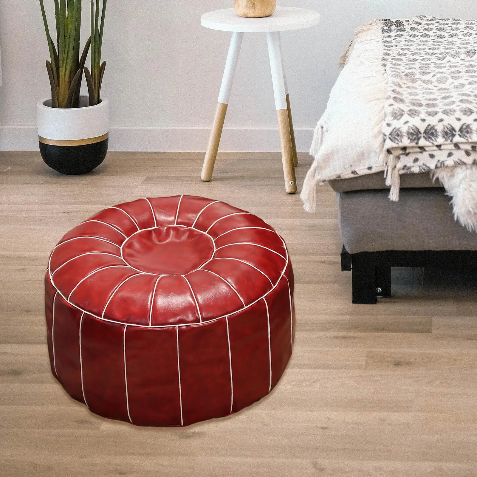 Pouf Cover PU Leather Footstool Ottoman Pouf Unstuffed Round Floor Cushion Footrest Cover for Living Room, Bedroom