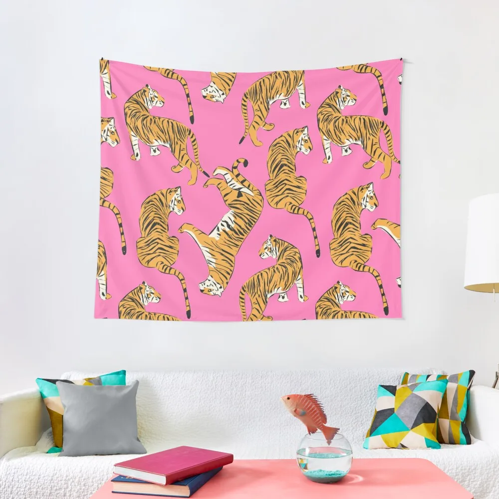 

Pink Tiger Repeating Print- Preppy Modern Contemporary Tapestry Room Decoration Korean Style Room Decorator Decoration For Rooms