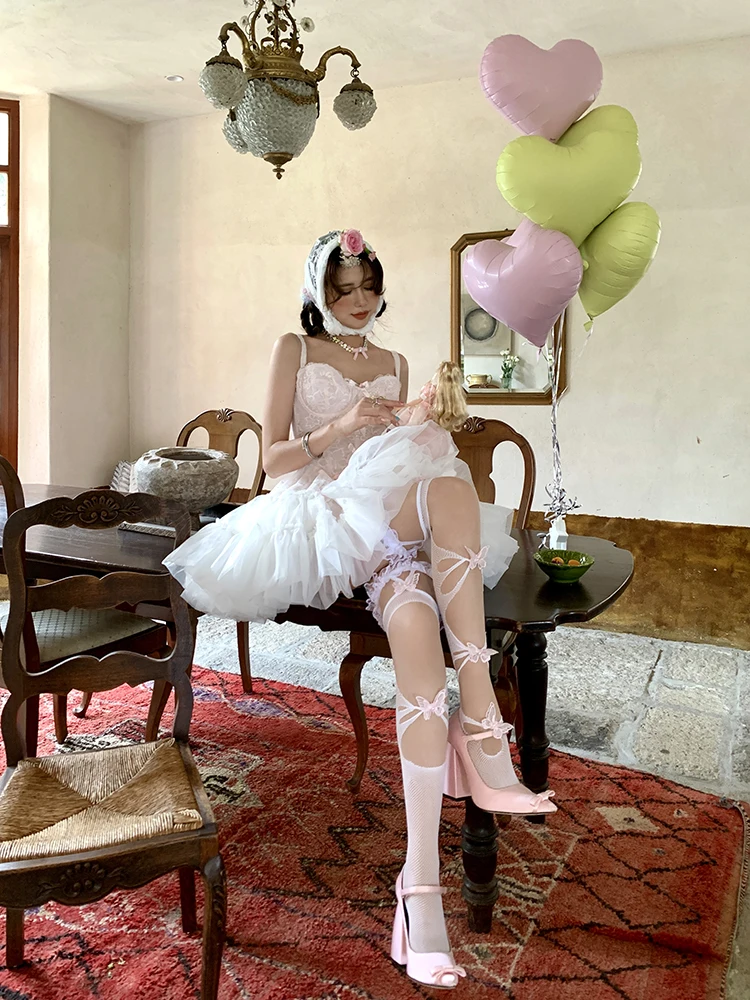 Cute Sexy Lolita Stockings Ankle Ring Butterfly White Lace Pattern Pantyhose Japanese Sweet Socks Girls Stockings For Women Girl
