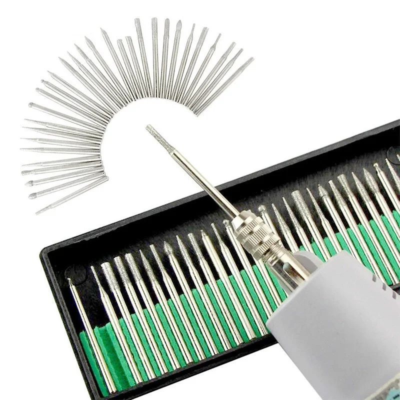 30PCS 2.35mm Shank Diamond Grinding Burr Needle Point Engraving Carving Polishing Glass Jade Stone Drill Bit Rotary Tool Set |