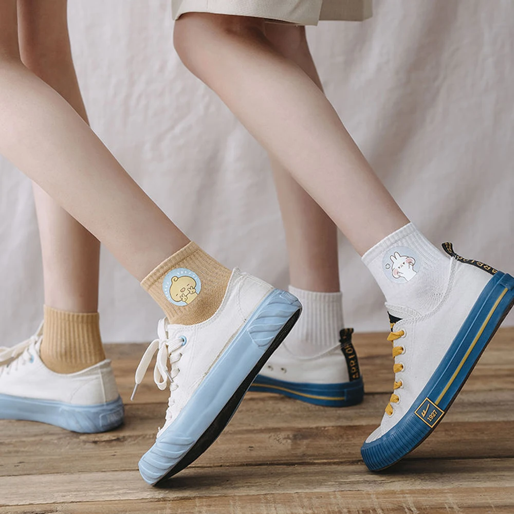 Cartoon Cute Women Socks 4Pairs Lovely Kawaii Animal Funny Solid Color Sweet Harajuku Cotton Fashion Ins Casual Ankle Socks Gift