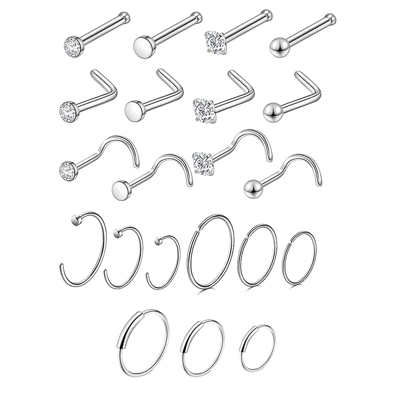 21pcs/lot 20G Stainless Steel Nose Ring  Stud Set  Heart Crystal Nose Piercing Screw L Shape Nostril Hoop Nose Body Jewelry