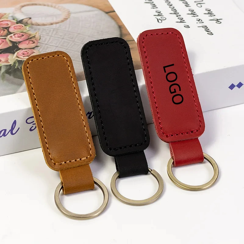 

Top Layer Cowhide Keychain Retro Vintage Leather Car Logo Key Chains Accessory for Men and Women Keyring Gift