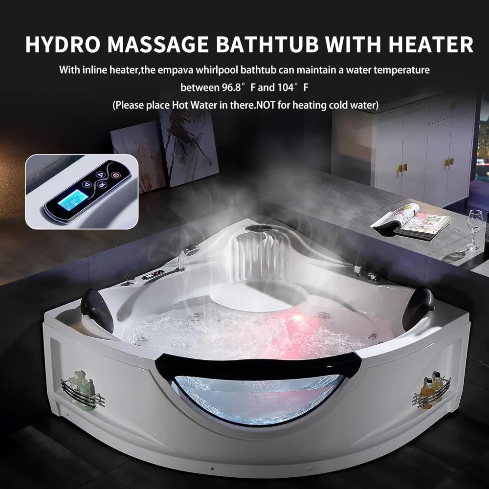 59" Corner Whirlpool Bathtub with Heater，Spa Hydromassage with Chromatherapy，2 Person Jetted Tub with Light，Acrylic，Bathtub 2