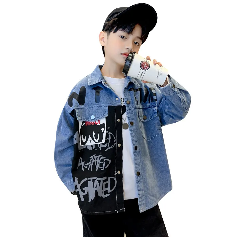 New Kid Boys Shirt Jacket Fashion Coats Letter Printed Denim Jackets