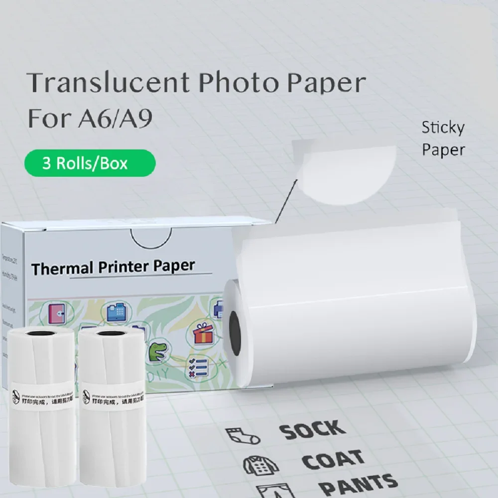 3 Rolls Mini Printer Paper Self-adhesive Transparent Paper 5.7mm for Mini Portable Printer to Print Photo,Label,Note,Memo
