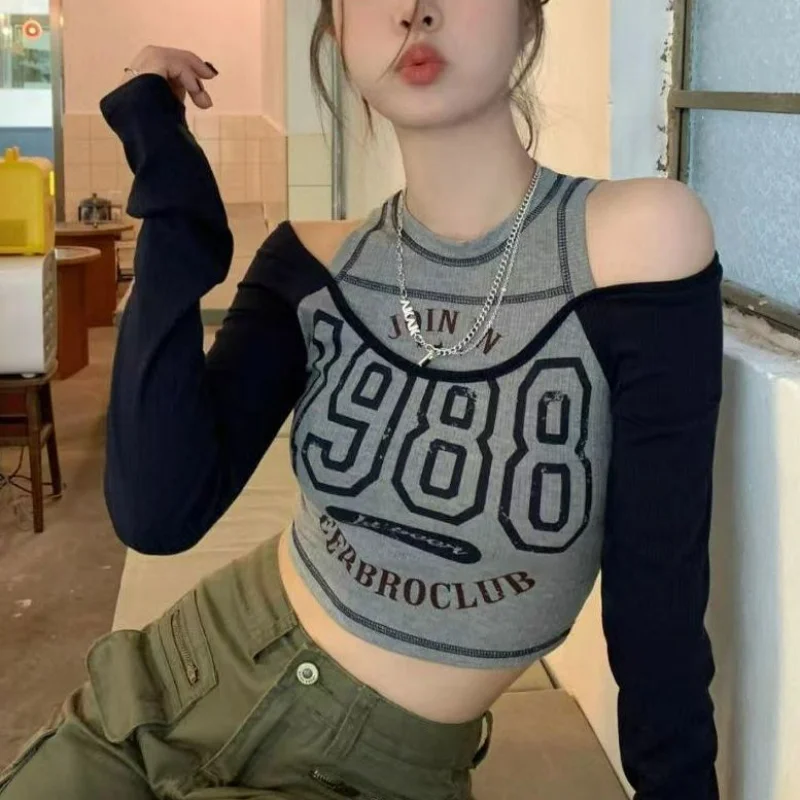 

Hollow Out Sexy Off-shoulder Women T-shirts Y2k Clothes American Style Streetwear Crop Top Letter Print Contrast Color Slim Tees
