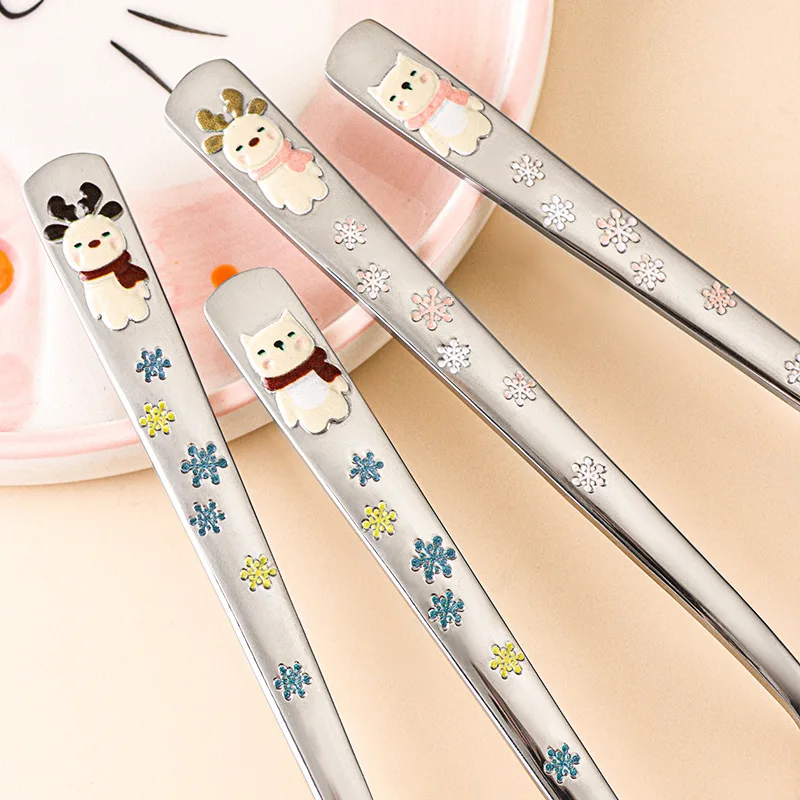 Hot 304 Stainless Steel Round Spoon Cartoon Embossed Deer Spoon Korean Style Household Long Handle Drinking Spoon lijiao