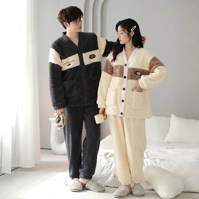 Couple Pajamas Fall Winter Sleepwear Suits Coral Fleece Thick Nightgown Casual Simple Little Fragrant Homewear Home Clothes Sets