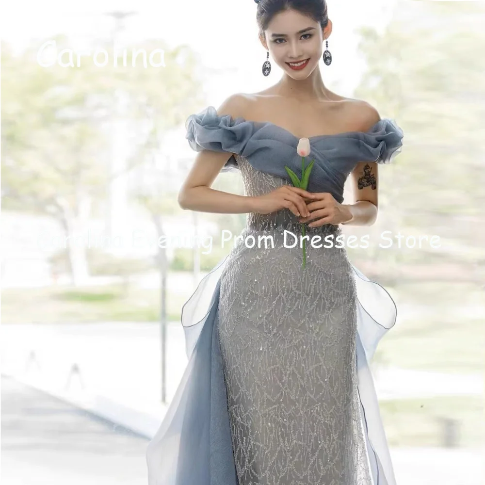

Carolina Tulle Off-the-shoulder Neckline Ruffle Mermaid Prom Gown Floor Length Evening Formal Elegant Party Dress for Women 2023