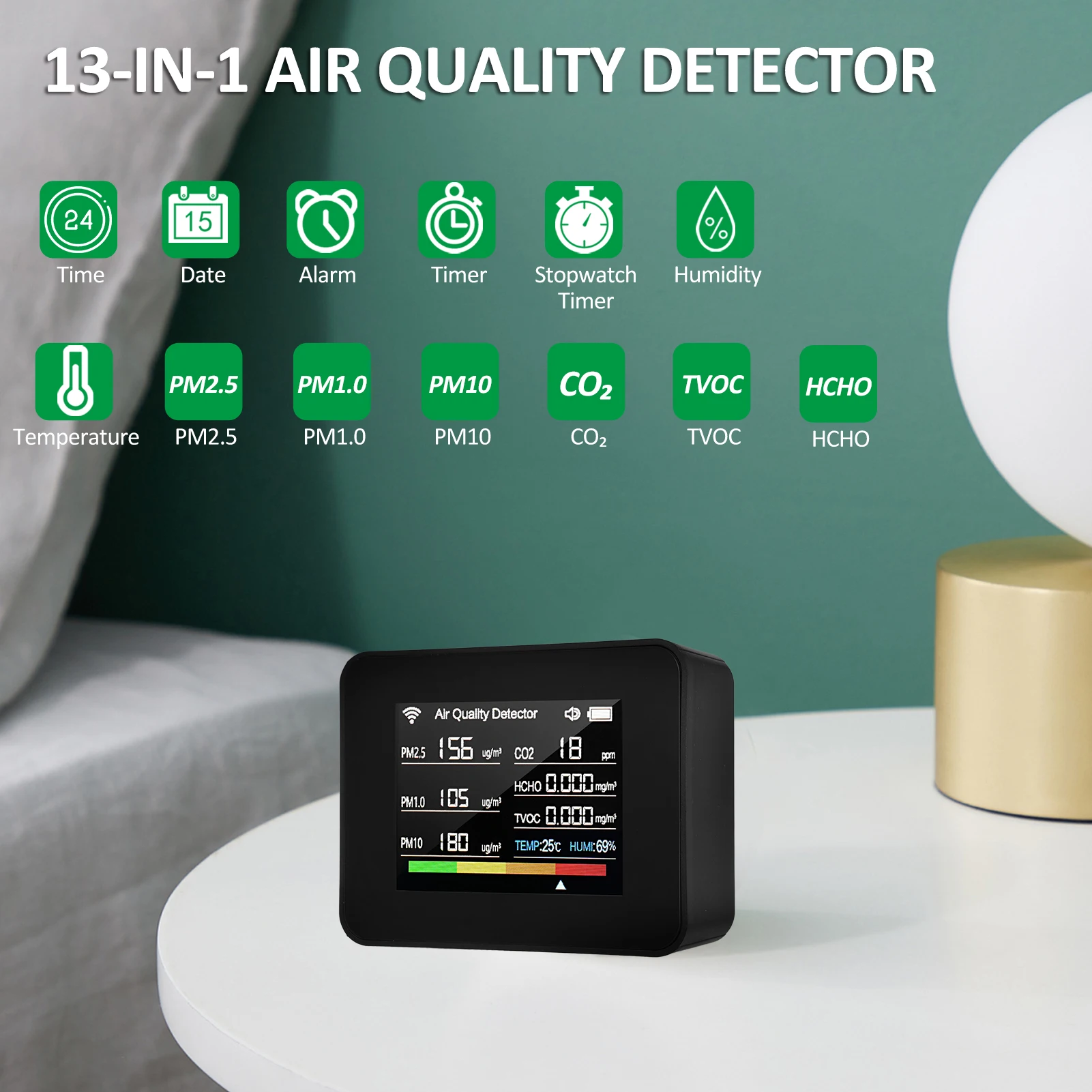    跮, ǳ  , CO2, TVOC, HCHO, PM2.5, PM1.0, PM10   µ , 13  1