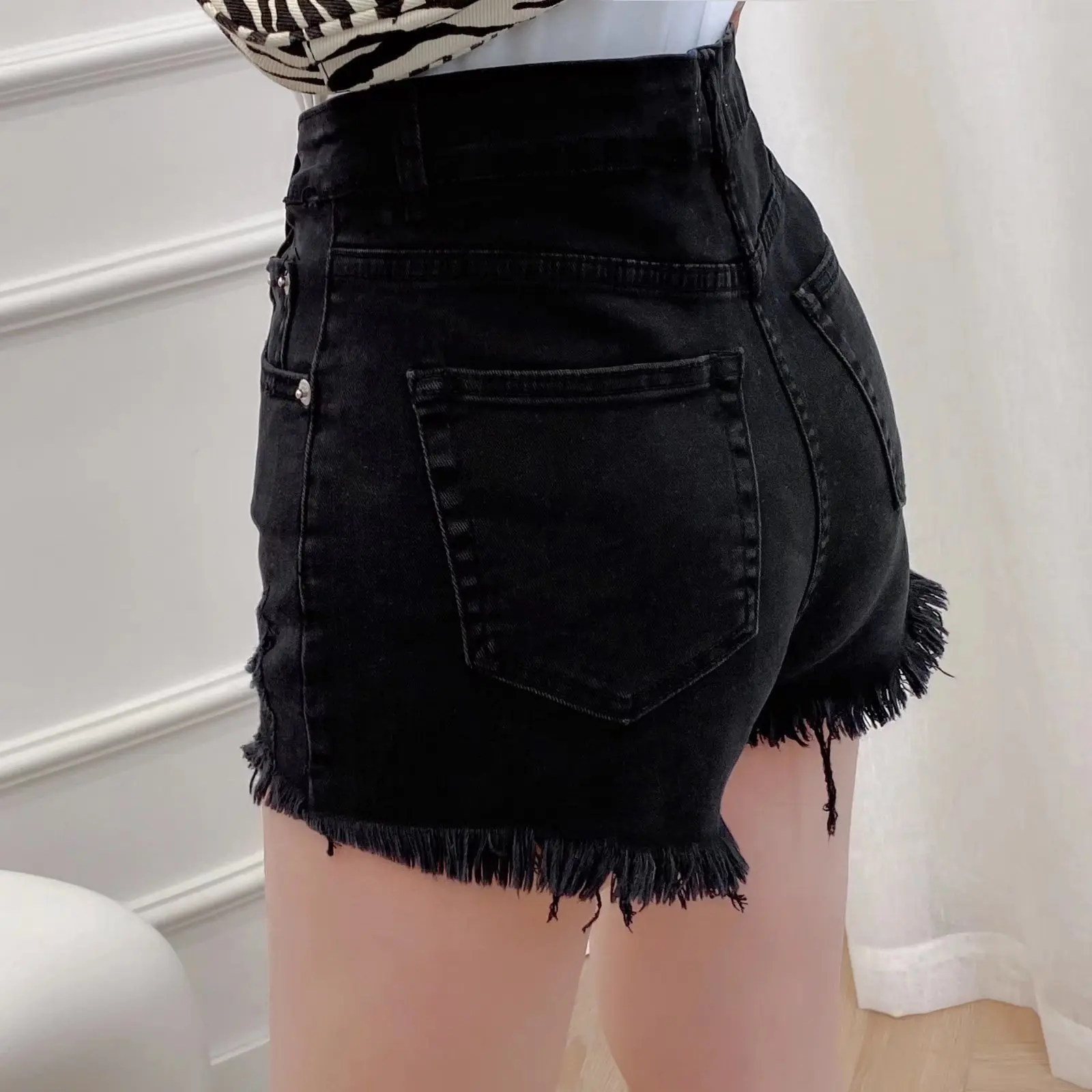 Dave&Di High Street Retro Washed Ripped Hole High Waist Shorts Solid Harem Denim Shorts Women 2022 Denim Bermuda Women bike shorts