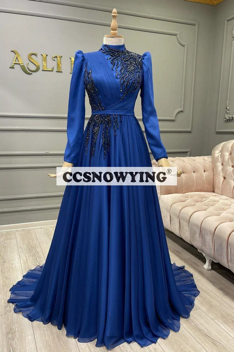 

Chiffon Blue Long Sleeve Muslim Evening Dress Appliqués Islamic Hijab Formal Party Gown Women High Neck Arabic Robe De Soiree