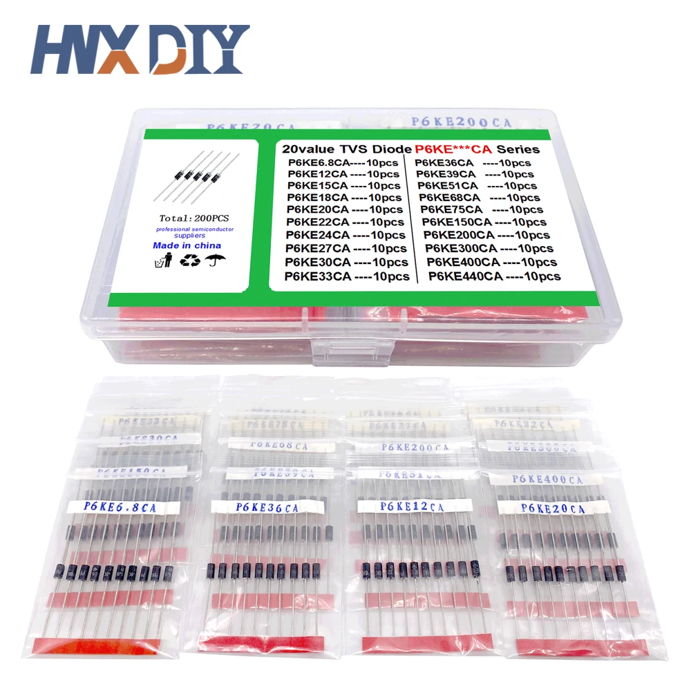 20 Valori * 10 Pz = 200 Pz Kit Transistor Tvs P6Ke6.8A/Ca 12/15/18/20/22/24/27/30/33/36/39/51/68/75/150/200/300/400/440/A/Ca Diodo