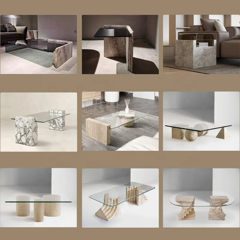 ODM Nordic Natural Marble Table Set Modern Light Luxury Simple Living Room Ottoman square Transparent Glass Coffee Table