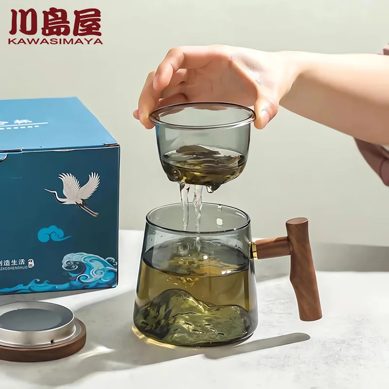 

KAWASIMAYA Chinese Glass Teacups Tea Water Separation Walnut Wood Handle Office Drinking Tea Set Water Cup Men's Tea Making Cup