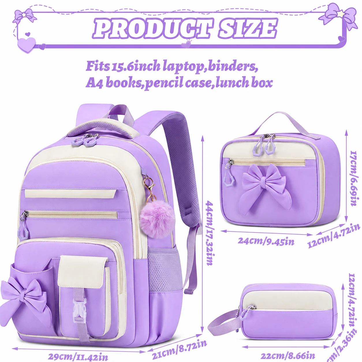 3pcs School Backpack Set Bowknot Cute Bookbag Kit Girls Nylon Multi Pocket Rucksack Pack Kids Lunch Box Pencil Case 4