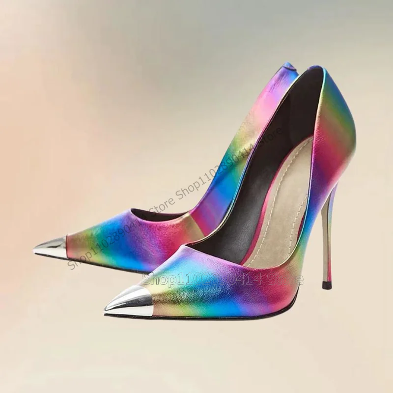 

Rainbow Color Glitter Metal Pointed Toe Pumps Slip On Women Shoes Thin High Heels Novel Fashion Banquet 2024 Zapatos Para Mujere